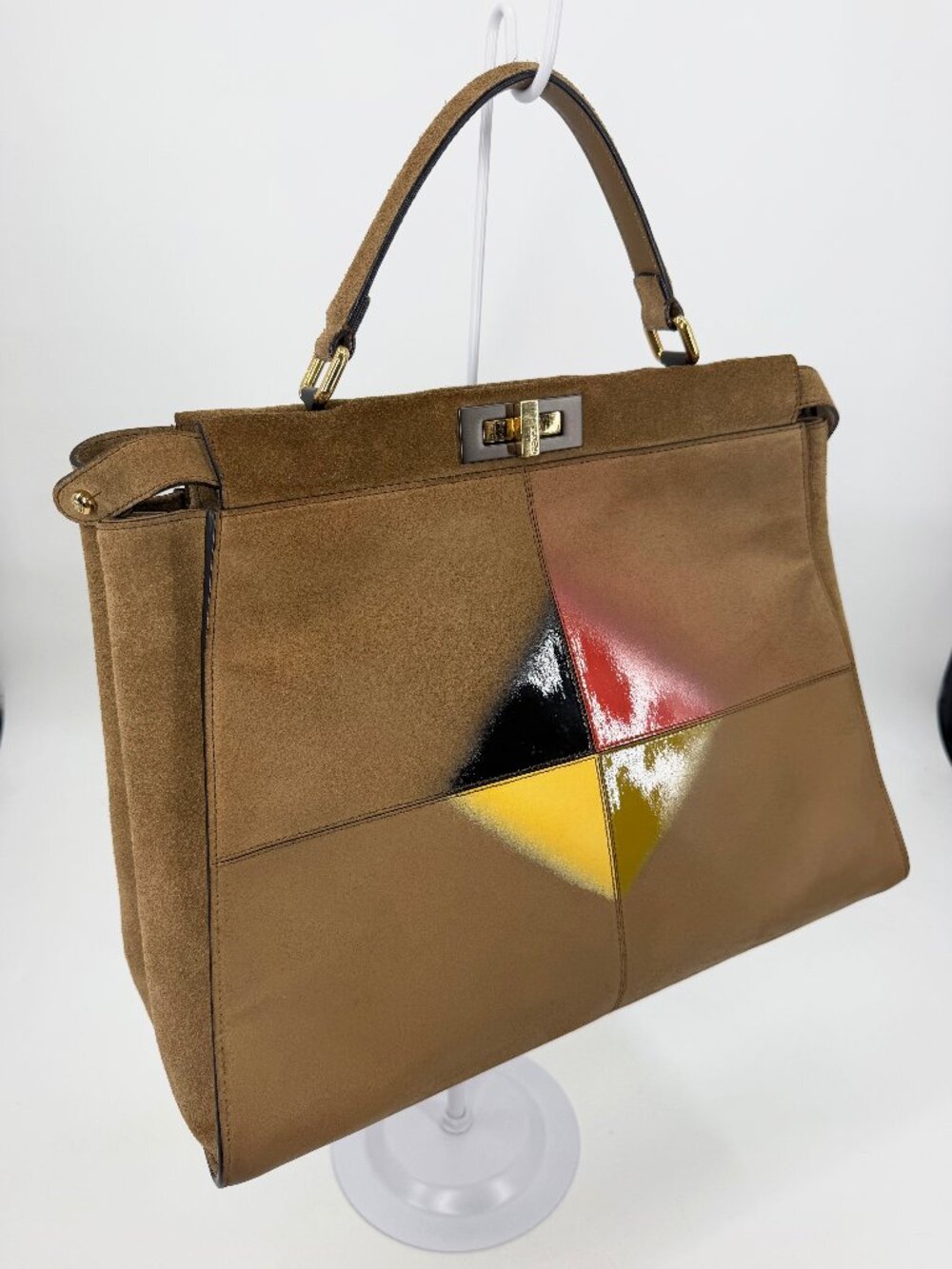 Fendi Peekaboo Large Suede Tan Geometric Color Block Silk Twill